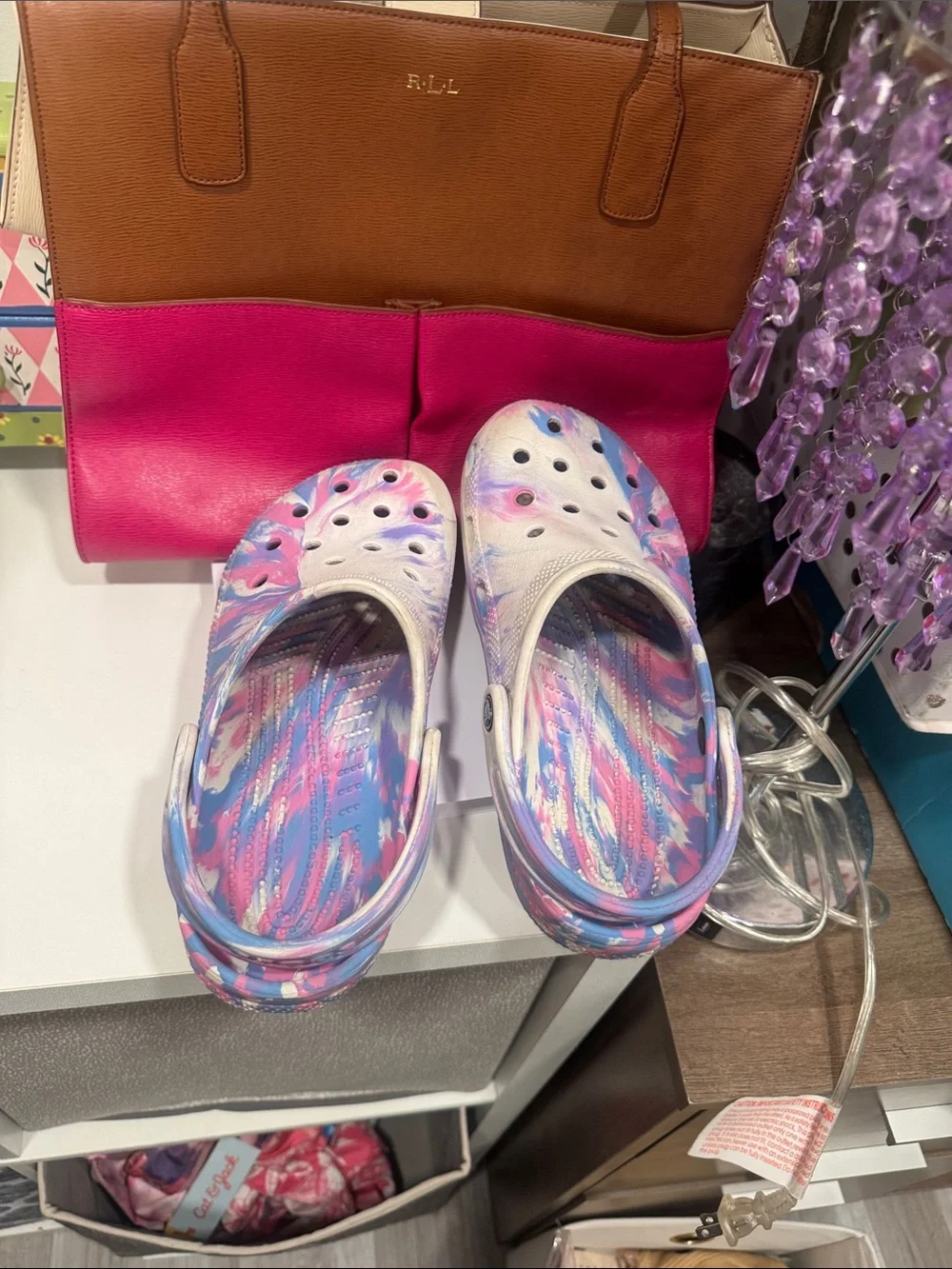 Crocs size J6 Kids Tie-Dye Comfort Clogs - Pink & Blue